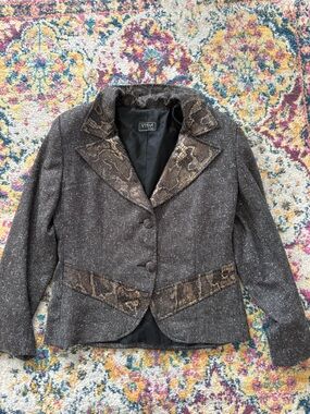 90s Vintage Textured Blazer Brown Snakeskin Trim Preppy Office Siren Jacket
